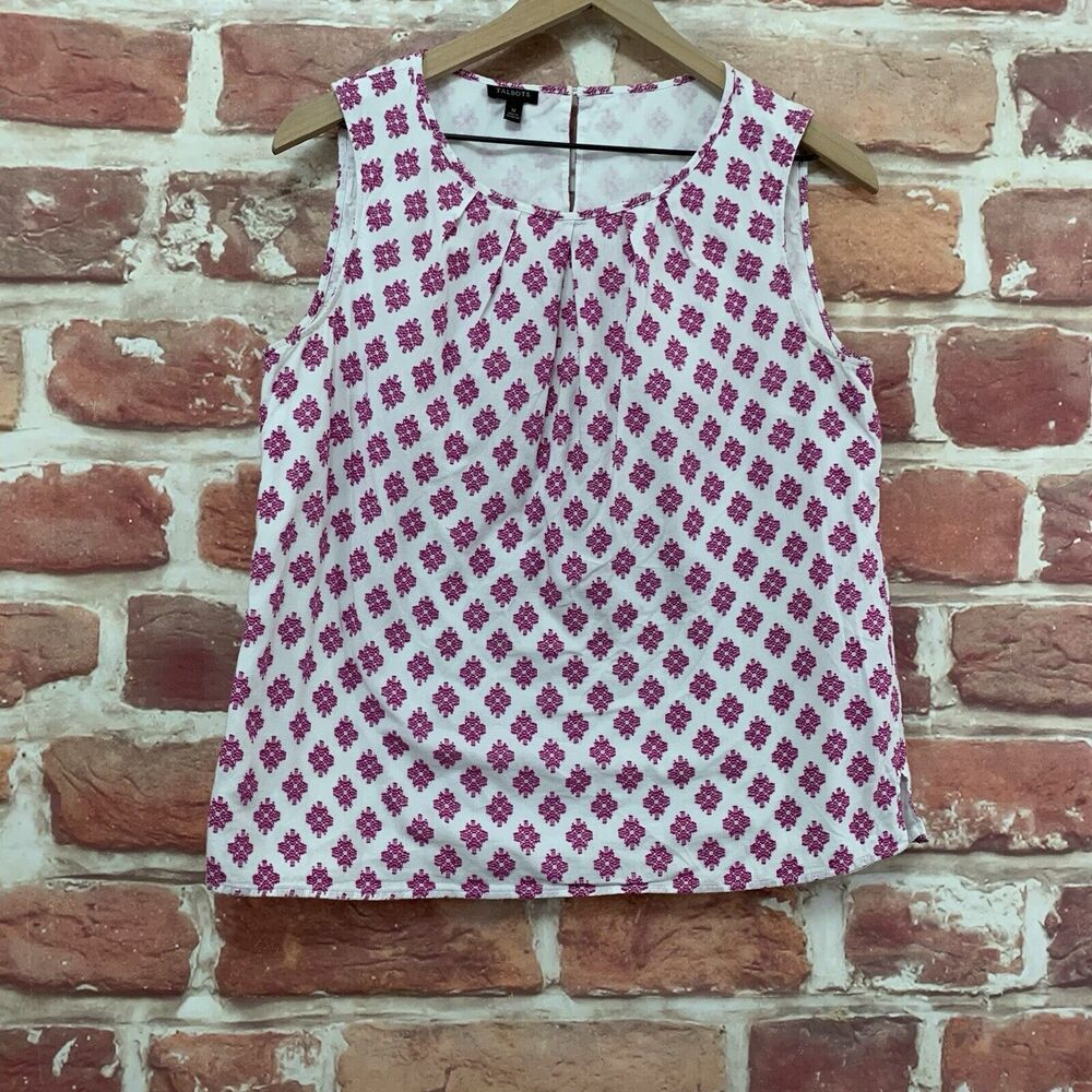 Talbots Top Shirt Women's Size 12 White Pink Purple Abstract Embroidered Popover